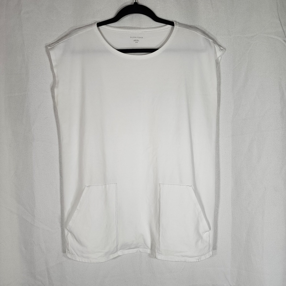 Eileen Fisher White Pima Organic Cotton Stretch Jersey Jewel Neck Size Medium